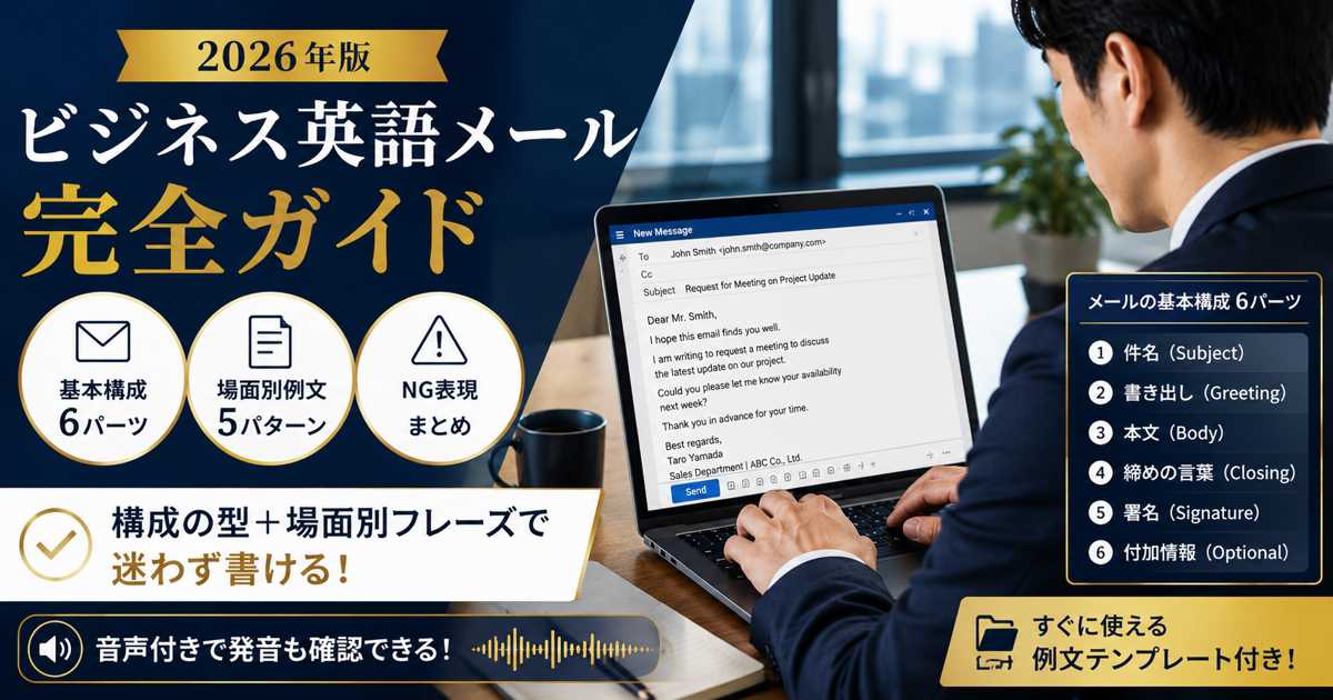ビジネス英語メールの構成を確認しながらメールを書く日本人ビジネスパーソン