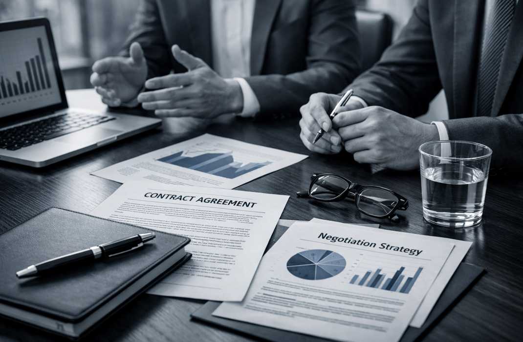 英語でのビジネス交渉シーン。契約書と戦略資料を前に議論する2人のビジネスパーソン。