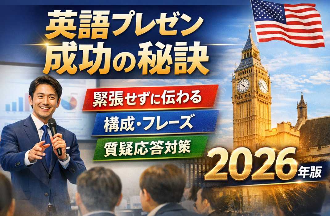 英語プレゼン成功の秘訣を解説するビジネス講演イメージ｜構成・緊張対策・質疑応答テンプレ【2026年版】