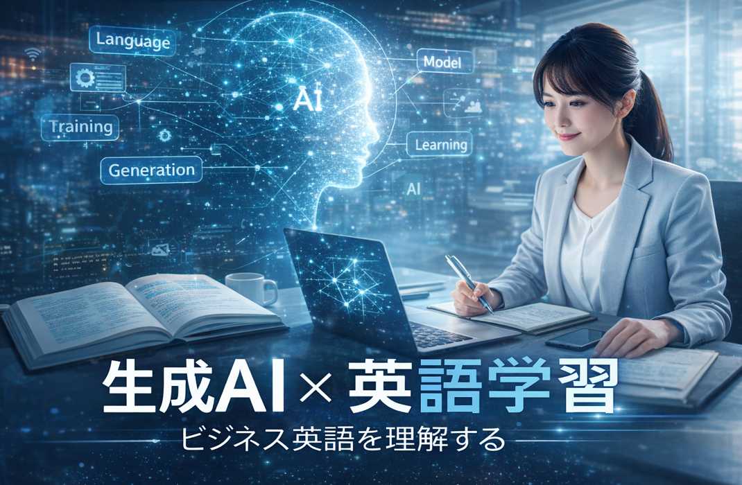生成AI時代のビジネスシーンで、AIと機械学習を英語で理解するイメージ