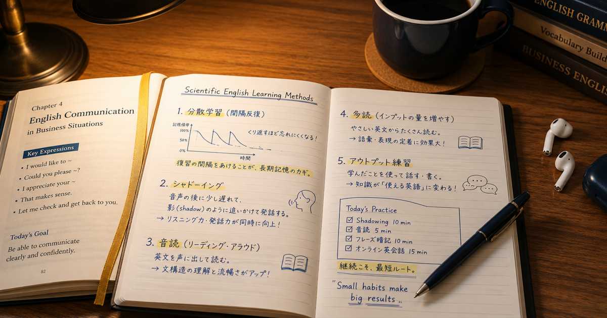 科学的な英語学習ノートとテキストが並ぶデスク