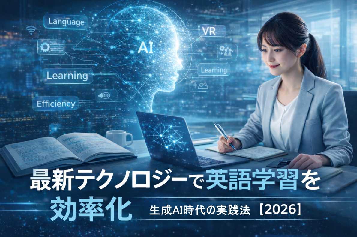 生成AI時代に英語学習を効率化するビジネスパーソン向けイメージ（AIと英語学習の融合を表現）