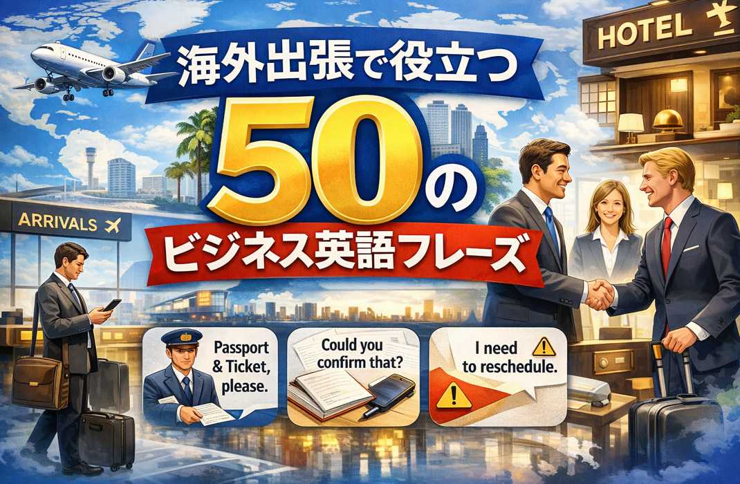 海外出張で使うビジネス英語フレーズをまとめたイメージ。会議・空港・ホテル対応。