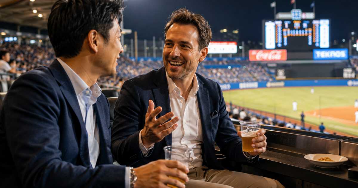 スタジアムの観客席で英語で雑談するビジネスマン2人