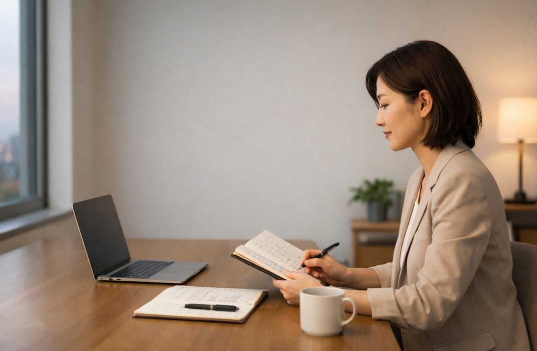 忙しい社会人がデスクでビジネス英語を学習している様子