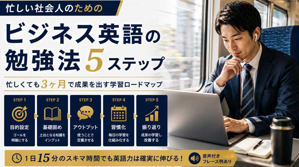 通勤中にビジネス英語を学習する社会人のイメージ