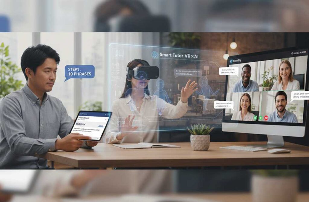 VRやオンライン教材を使ってビジネス英語と異文化コミュニケーションを学ぶ様子