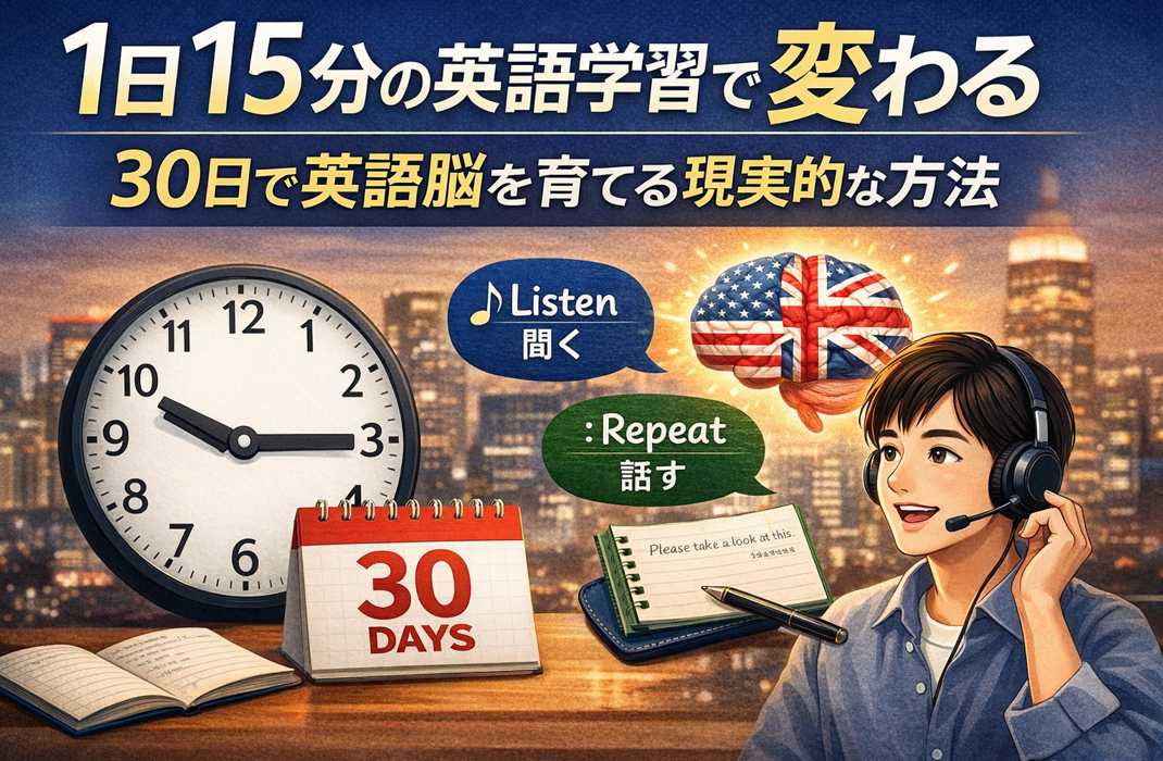 1日15分の英語学習を30日続けることで、聞く・話す力を育てる英語脳トレーニングのイメージ