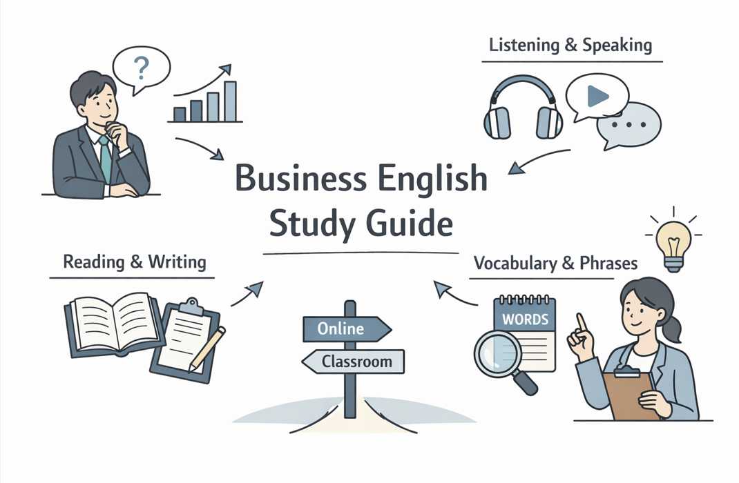 ビジネス英語をリスニング・スピーキング・語彙・学習方法別に整理したガイドイラスト