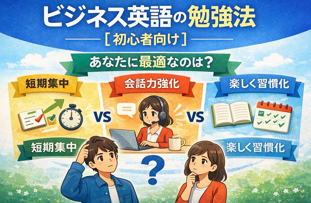 ビジネス英語の勉強法を初心者向けに比較。短期集中・会話力強化・楽しく習慣化の3タイプを整理したアイキャッチ画像。