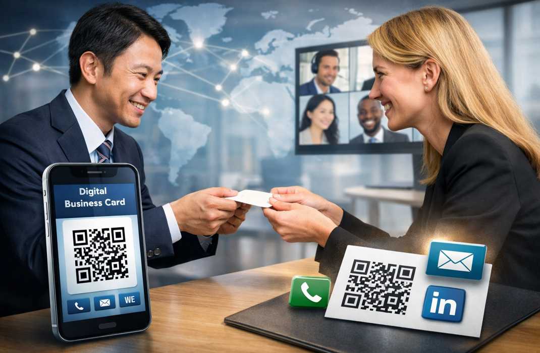 ビジネス英語での名刺交換とデジタル名刺活用をイメージしたグローバルビジネスシーン