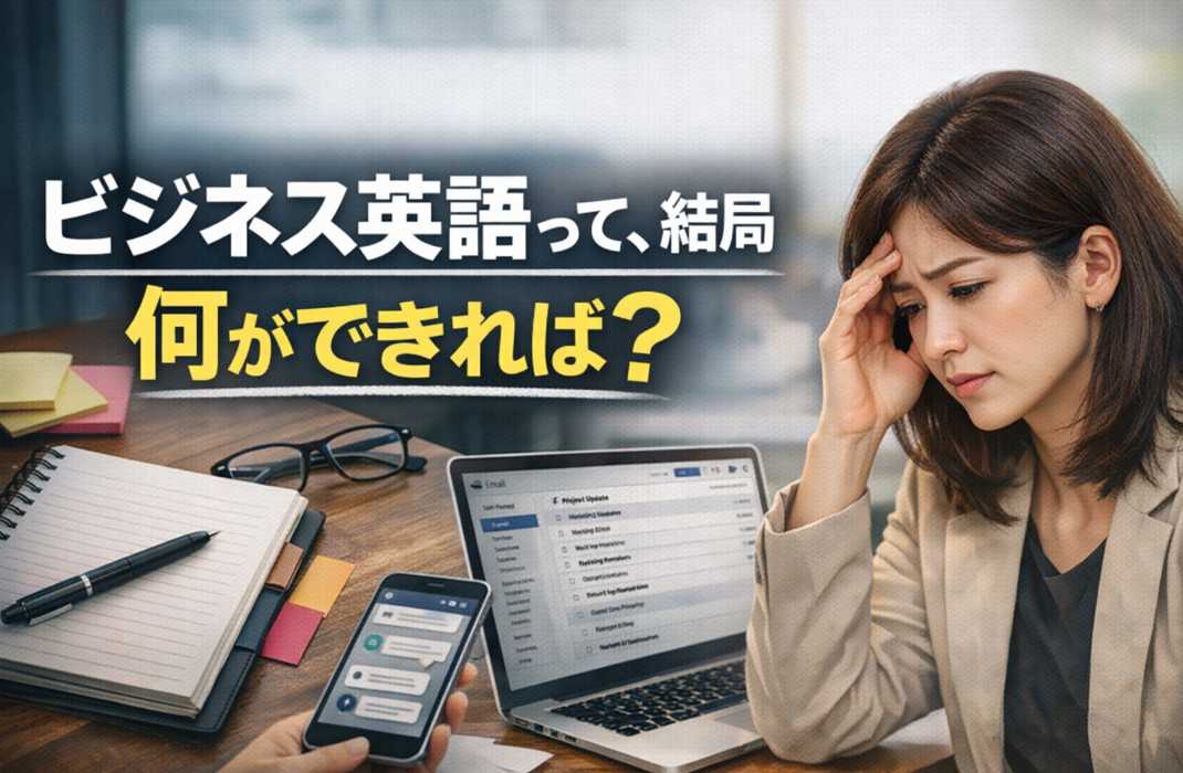 ビジネス英語で何ができれば仕事で困らないのか悩む社会人のイメージ