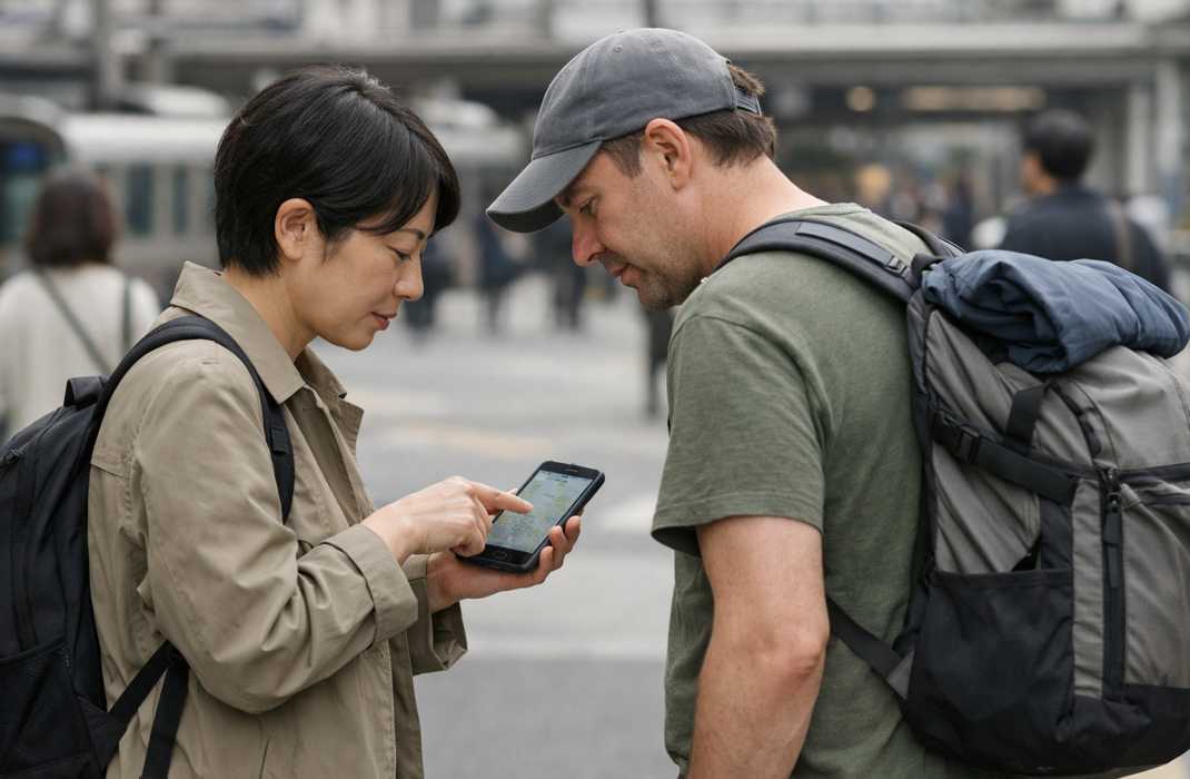 外国人観光客に英語で道案内をする日本人の様子