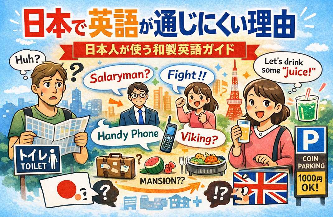 日本で英語が通じにくい理由を、和製英語の例とイラストで表現したアイキャッチ画像