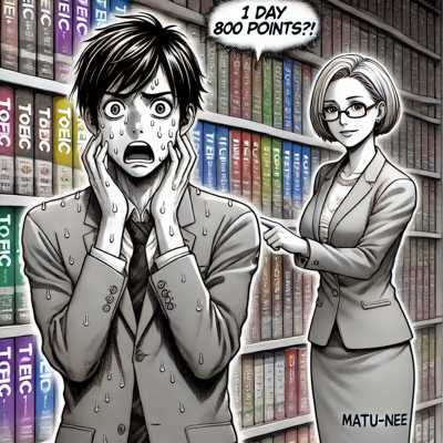 TOEIC教材棚の前で「1日800点?!」と書かれた本を持ち混乱するノビオと、それを指差すマツ姐の姿。タイトルだけで選ぶ危険を象徴的に描く構図。