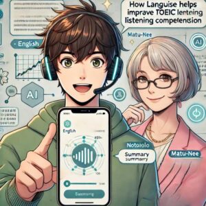 Languiseアプリの画面を見せながら、驚いた表情のノビオと、にこやかに頷くマツ姐。背景に要約や翻訳が視覚化された構成。