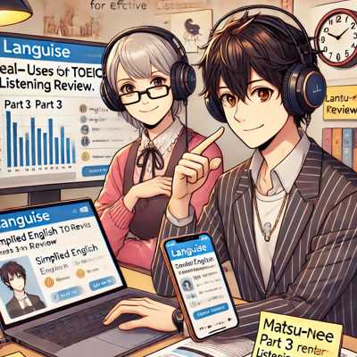 机に向かい、ヘッドホンをつけてPCとスマホを使うノビオ。画面にはLanguiseの要約と翻訳が表示され、マツ姐が「Part 3 Review」と書かれたメモを指差している。