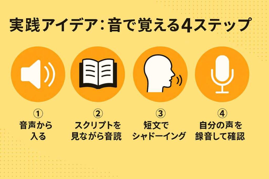 音声学習の4ステップを示す日本語インフォグラフィック。スピーカー、書籍、話す人、マイクのアイコンが順に並ぶ。