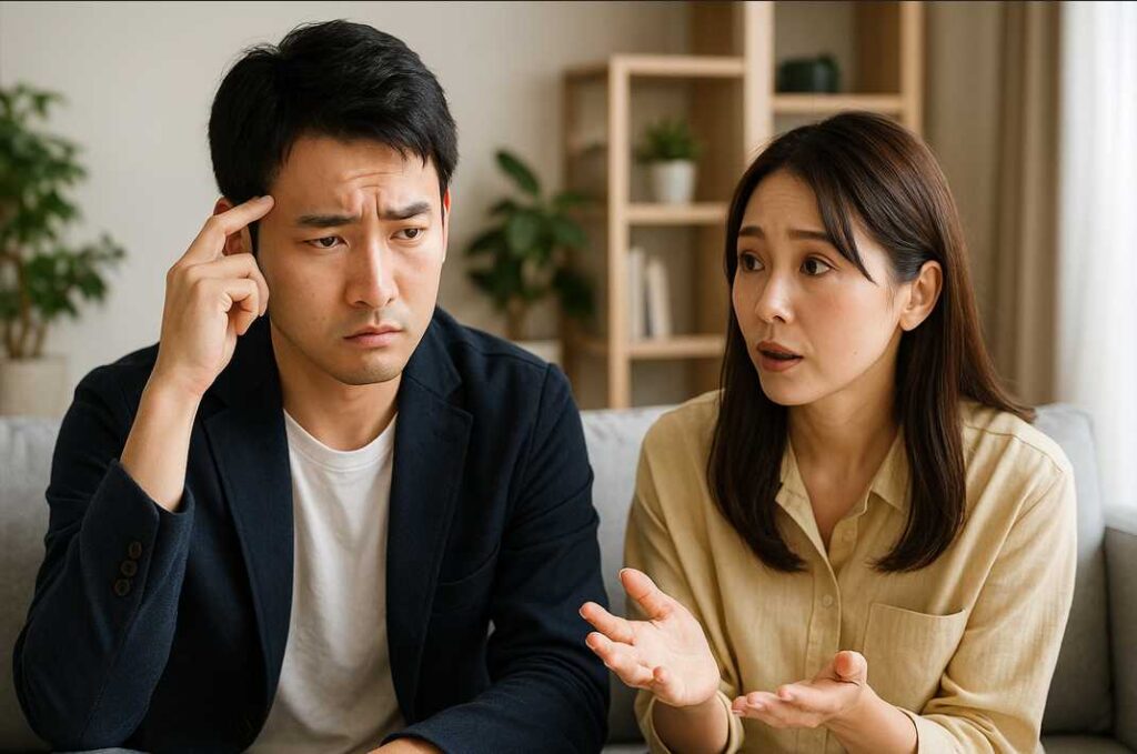 ビジネス英語の学習方法に悩む若い日本人男性が、女性に相談している真剣な表情の対話シーン