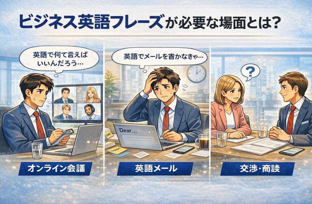 オンライン会議・英語メール・交渉の場面で、ビジネス英語フレーズに悩むビジネスパーソンのイラスト