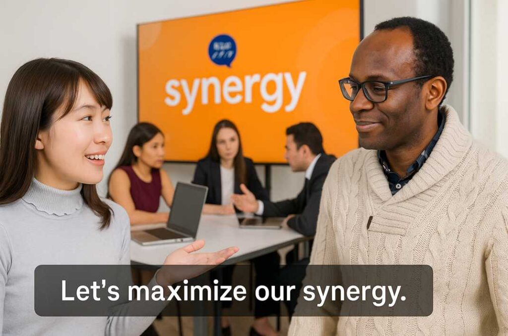 英語で「Let’s maximize our synergy」と話す日本人女性と、笑顔で聞く外国人男性。背景には会議中の同僚たちと「synergy」と表示されたプレゼン画面が映る。