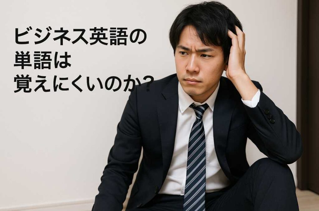 スーツ姿の若い日本人男性が、オフィスの壁にもたれながら頭をかかえて英単語の記憶に悩んでいる様子。