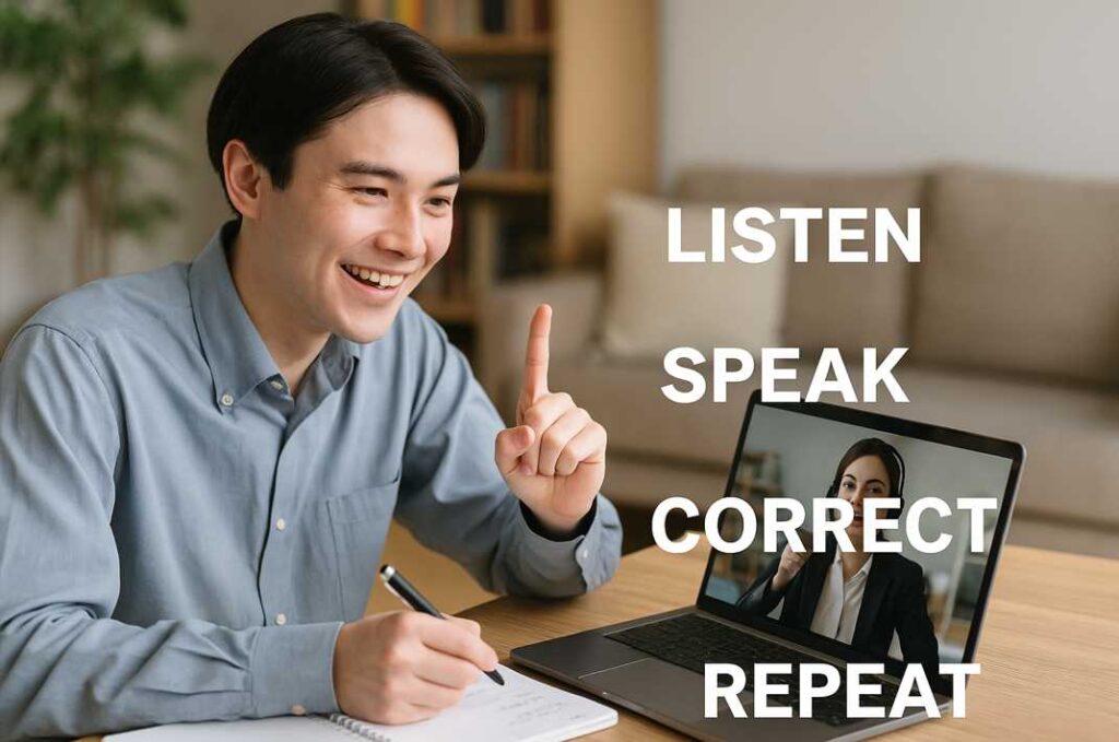 カランメソッドのオンラインレッスンで「LISTEN・SPEAK・CORRECT・REPEAT」の流れを実践している若い日本人男性が、楽しそうに講師とやり取りしている様子。