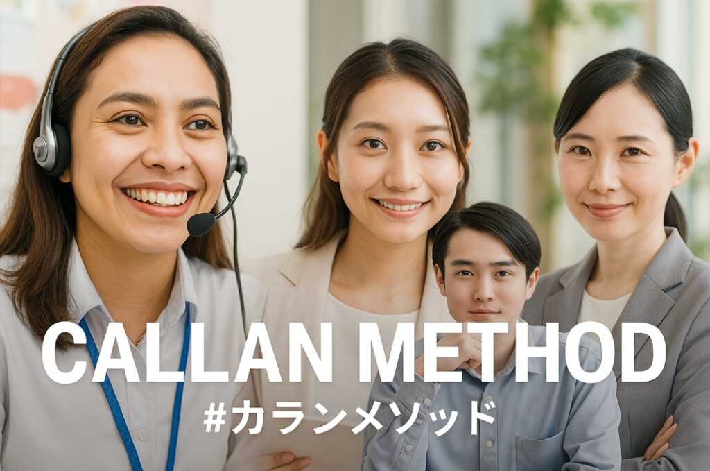 カランメソッドを学ぶインストラクターと受講者たちの笑顔が並ぶ横長画像。前面には「CALLAN METHOD #カランメソッド」とテキストが配置されている。