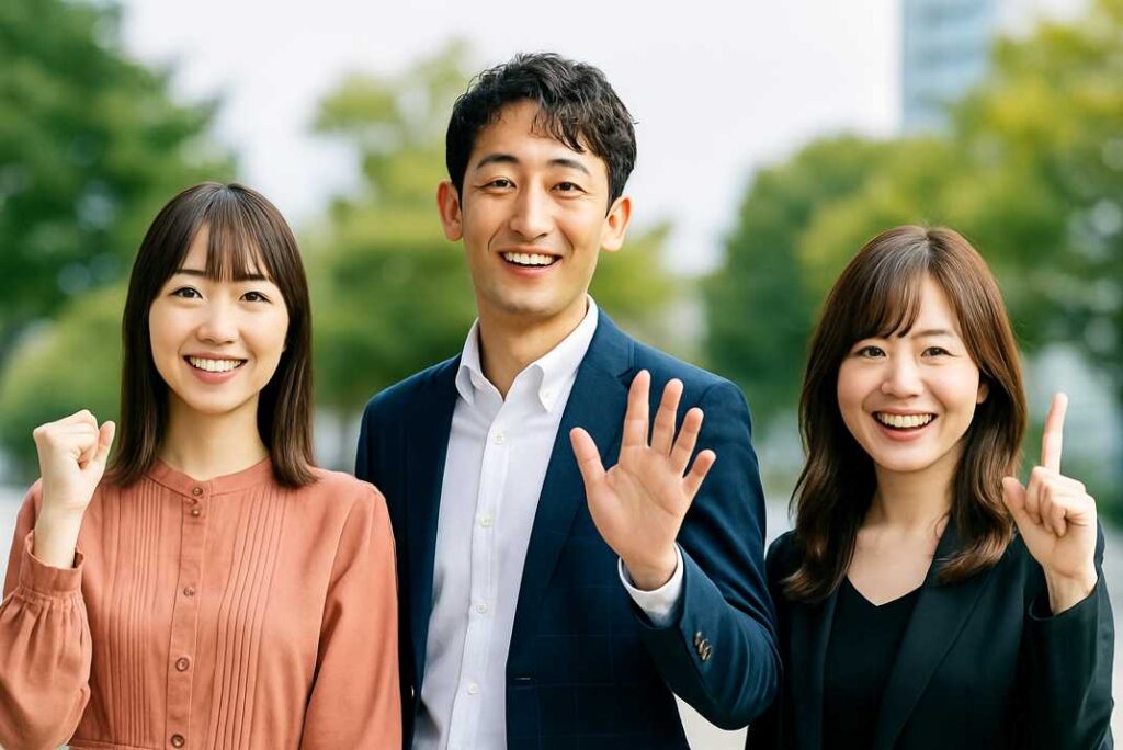 自然な背景の中で笑顔で呼びかける3人の男女。女性がガッツポーズや指差し、男性が手を挙げて挨拶するポーズを取っている