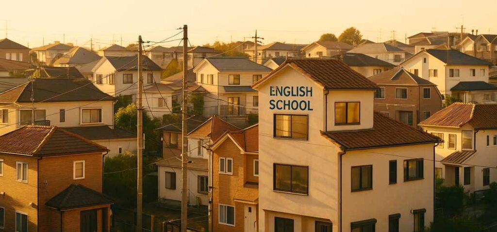 夕暮れ時の街並みに立つ英会話スクールが見えるリアルな住宅街の風景写真