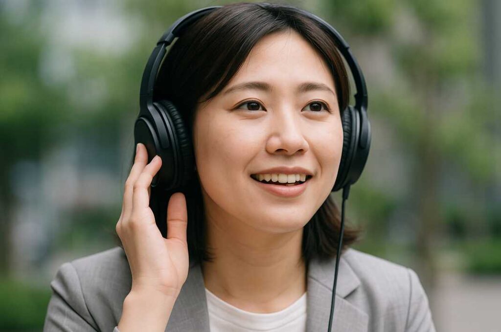 ヘッドホンをつけて英語音声に集中している若い女性が、心地よい表情で外の景色を背景にリスニングしている様子。