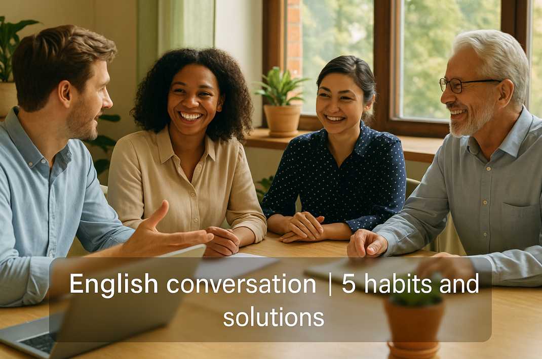 多様なバックグラウンドを持つ4人の大人が明るいオフィスで英会話レッスンに参加し、笑顔で会話を楽しんでいる様子