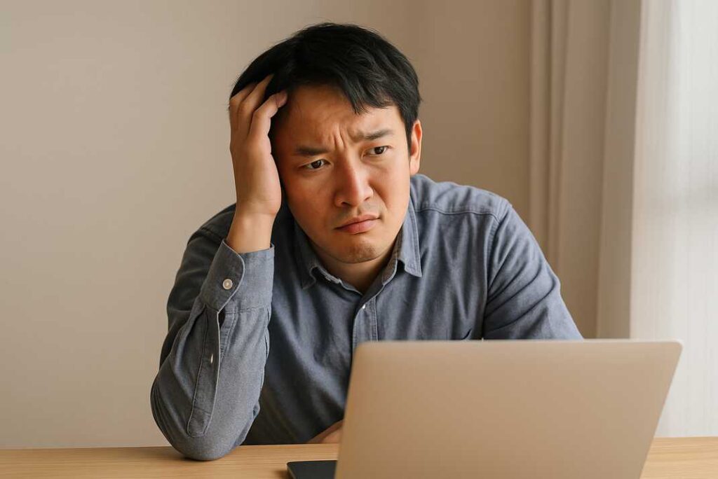 英語を学習中の男性が、ノートパソコンの前で頭を抱えながら「効果が出てるのか?」と不安そうに考えている様子