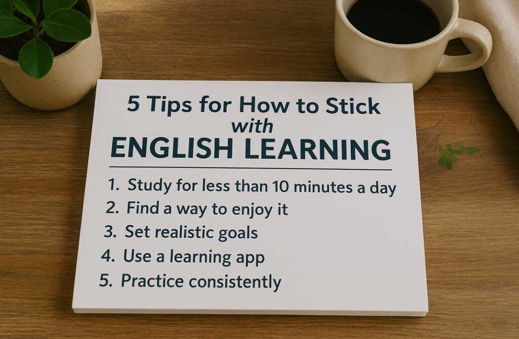 木製テーブルの上に置かれた英語学習の5つのコツが書かれた看板。コーヒーカップや観葉植物に囲まれ、1日10分以内で学習を続けるヒントが温かく表現されている。