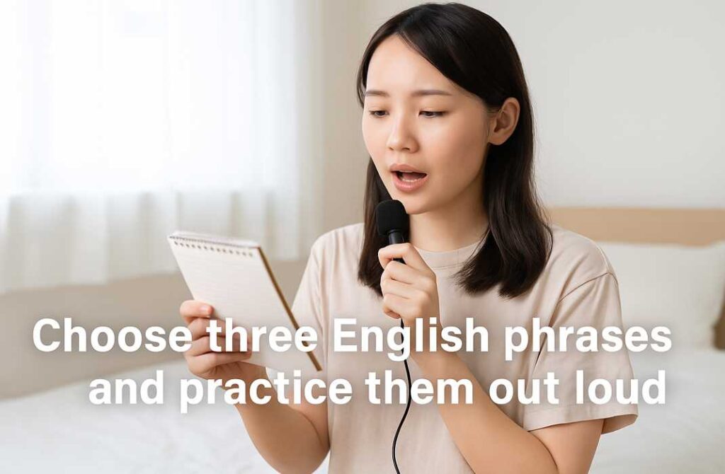 ノートを見ながら英語フレーズをマイクで繰り返し発音している若い女性。朝の自然光の中、真剣な表情で自宅学習に取り組む様子。