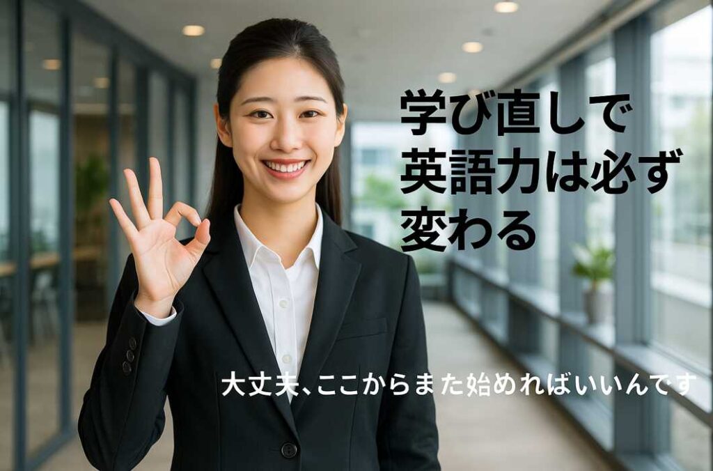 モダンなオフィスで若い女性がOKポーズをしながら、学び直しによる英語力向上のメッセージを語りかけている様子。笑顔と背景が希望を感じさせる。