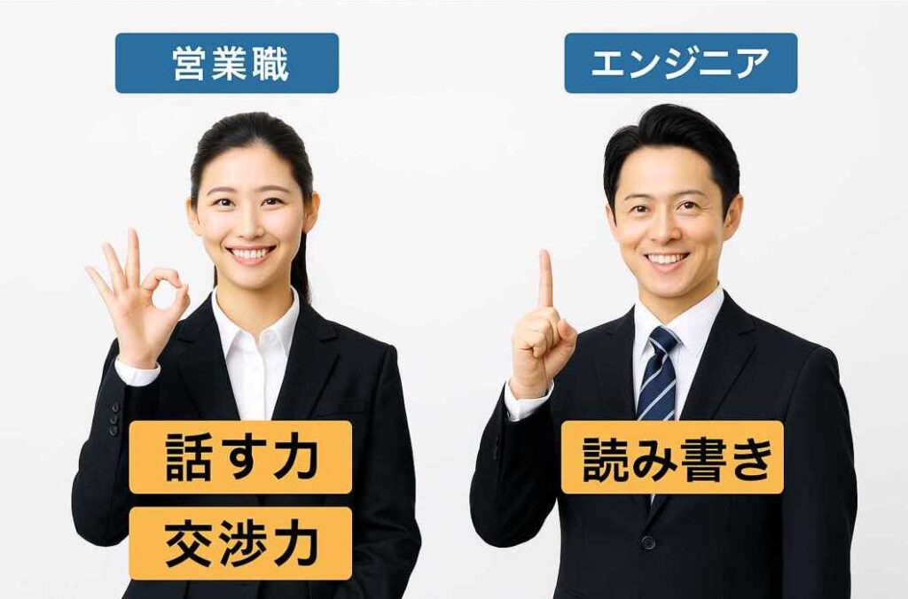 営業職の女性が「話す力」「交渉力」と書かれたラベルを掲げ、エンジニアの男性が「読み書き」のスキルラベルを表示。白背景で明るく分かりやすい構成。
