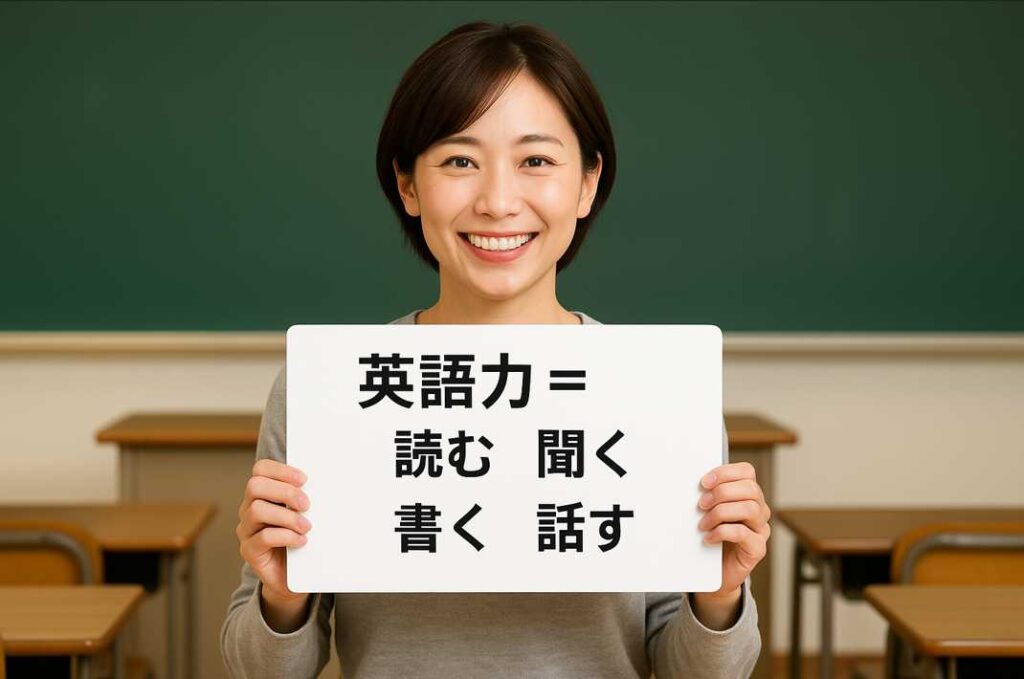 笑顔の女性が教室で「英語力=読む・聞く・書く・話す」と書かれたボードを掲げている様子。温かい雰囲気で、英語学習の基礎を明るく伝える表情が印象的。