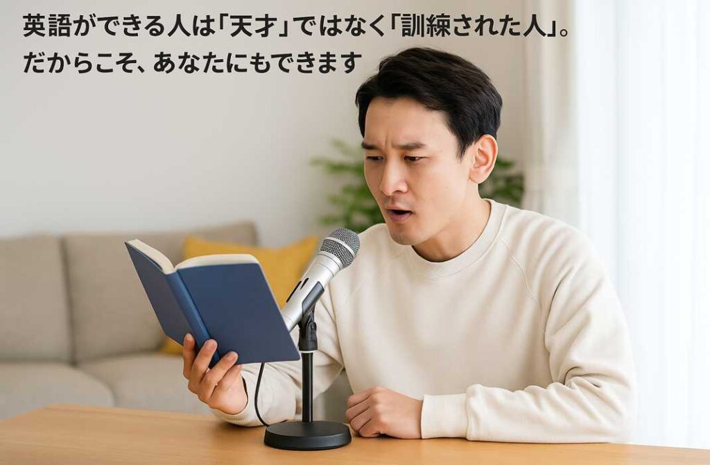 リビングでマイクに向かって英語の音読トレーニングを行い、「天才」ではなく「訓練」であることを体現している姿。