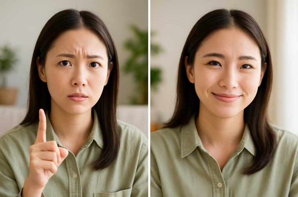 左側には心配そうな表情で指を立てる若い女性、右側には安心したように微笑む同じ女性の姿が写っており、無料カウンセリングの不安と安心を対比的に表現している。