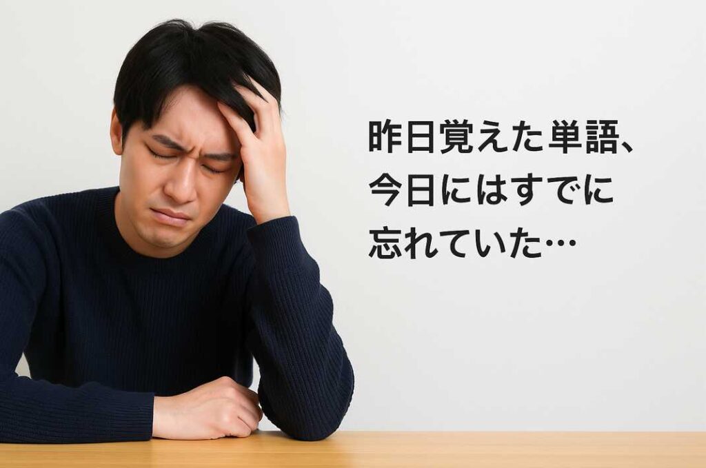 男性が机に肘をつき、頭を押さえながら英単語を思い出せずに困っている様子。表情には明らかな落胆が見られる。