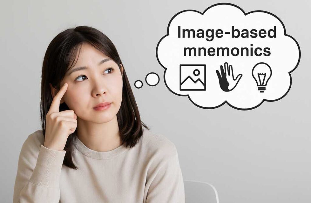 女性が思案顔で天井を見つめながら、「Image-based mnemonics」と書かれた吹き出しと写真・手・電球のアイコンを思い浮かべている様子。