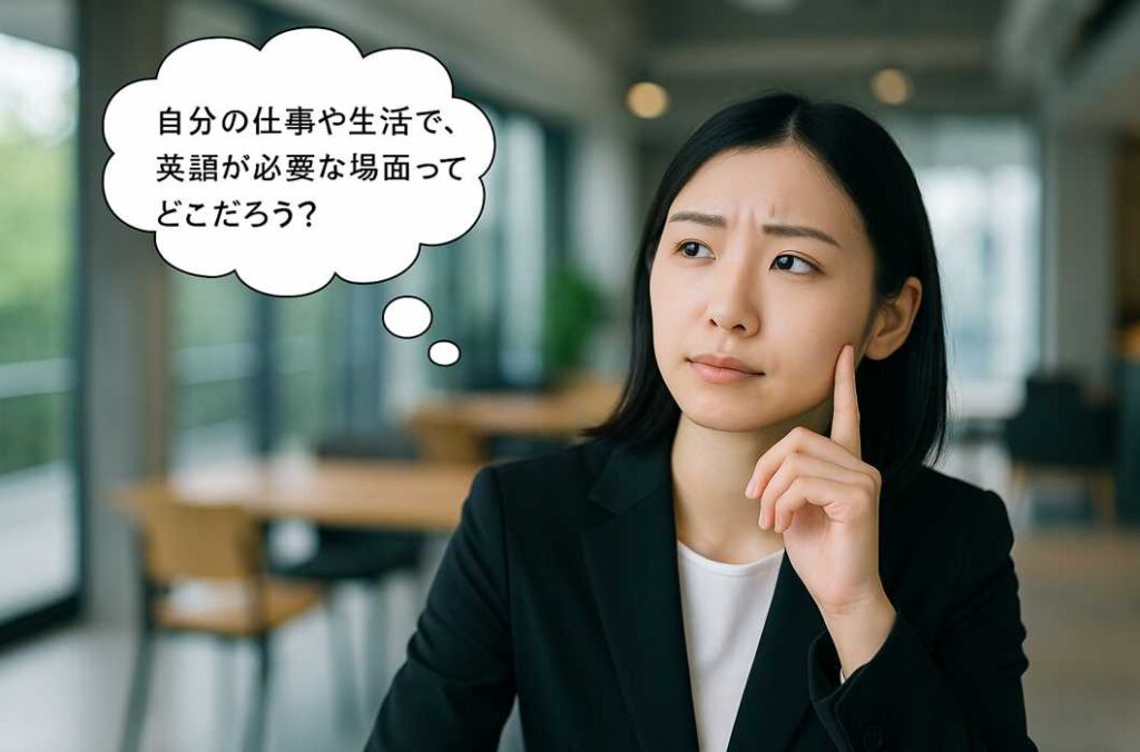 モダンなオフィスで、考えるポーズの女性が「自分の仕事や生活で、英語が必要な場面ってどこだろう?」と吹き出しで思案している様子。