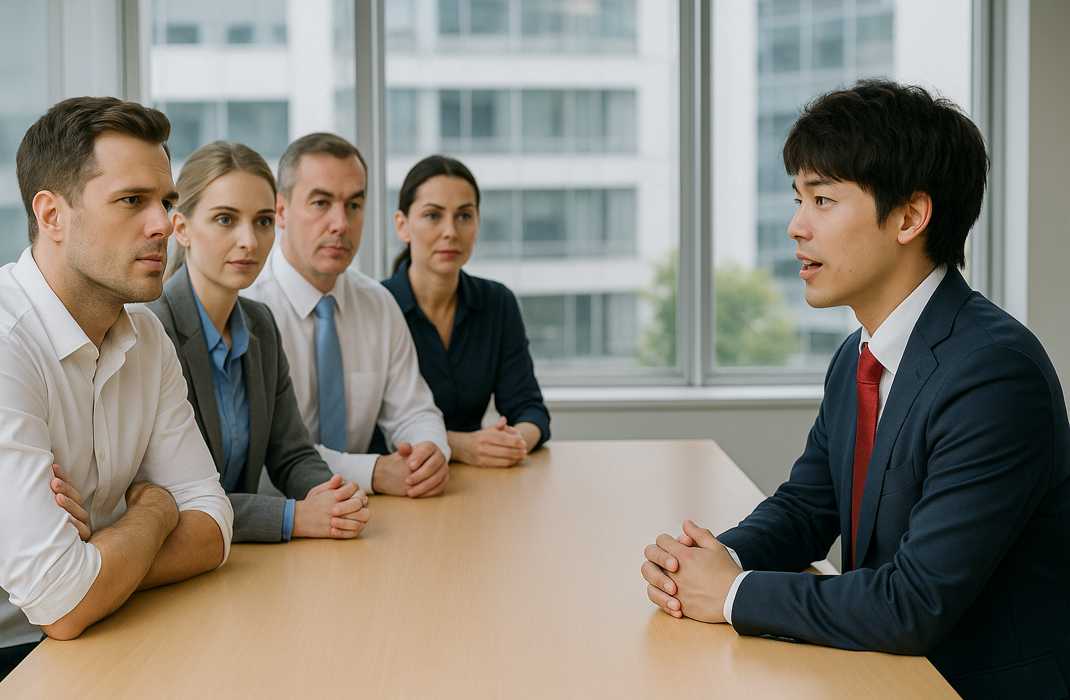 日本人男性が海外の面接官4人に囲まれ、英語で面接を受けている真剣な様子。緊張しながらも誠実に答えようとしている瞬間。