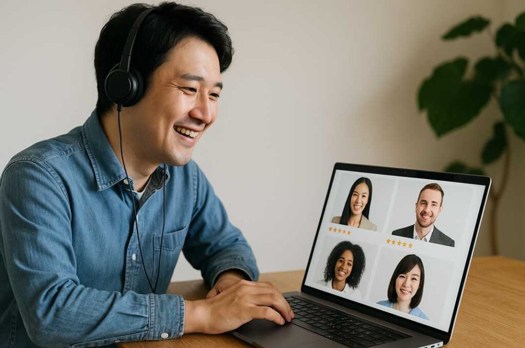男性の生徒がオンライン英会話の講師プロフィールを見ながら、優しそうな外国人や日本人講師を選んでいる様子