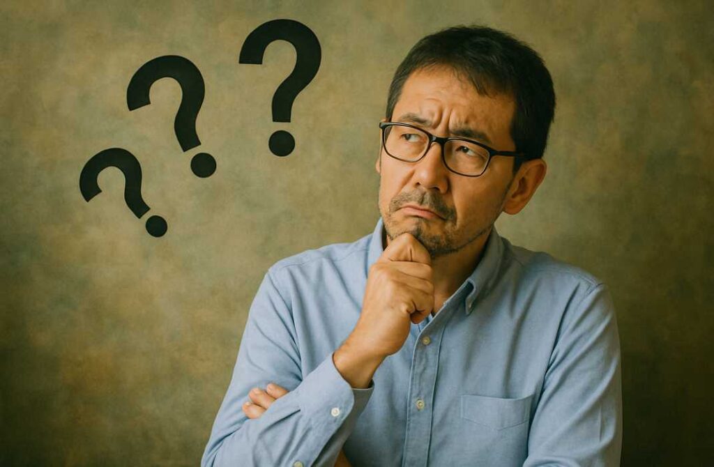 男性が、机の前で腕を組みながら難しい表情で考え込んでいる様子。背景には大きなクエスチョンマークが浮かび、英語学習への不安や戸惑いがにじむ瞬間。