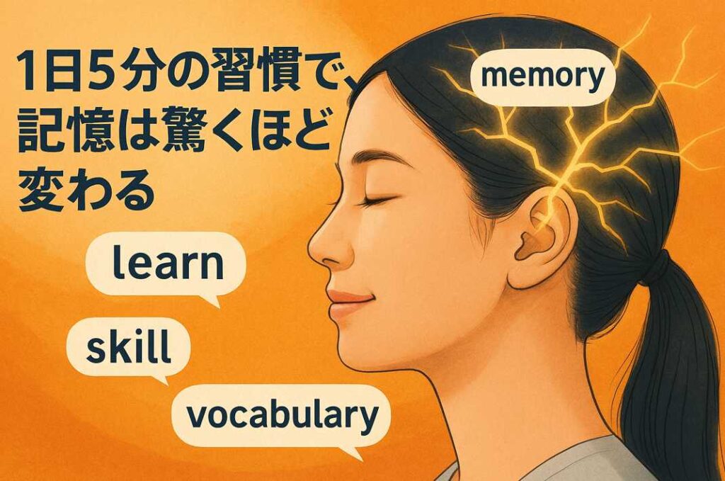 目を閉じて穏やかに微笑む女性の頭から、記憶の活性を表す電流のような模様が広がる様子。背景は温かみのあるオレンジ。