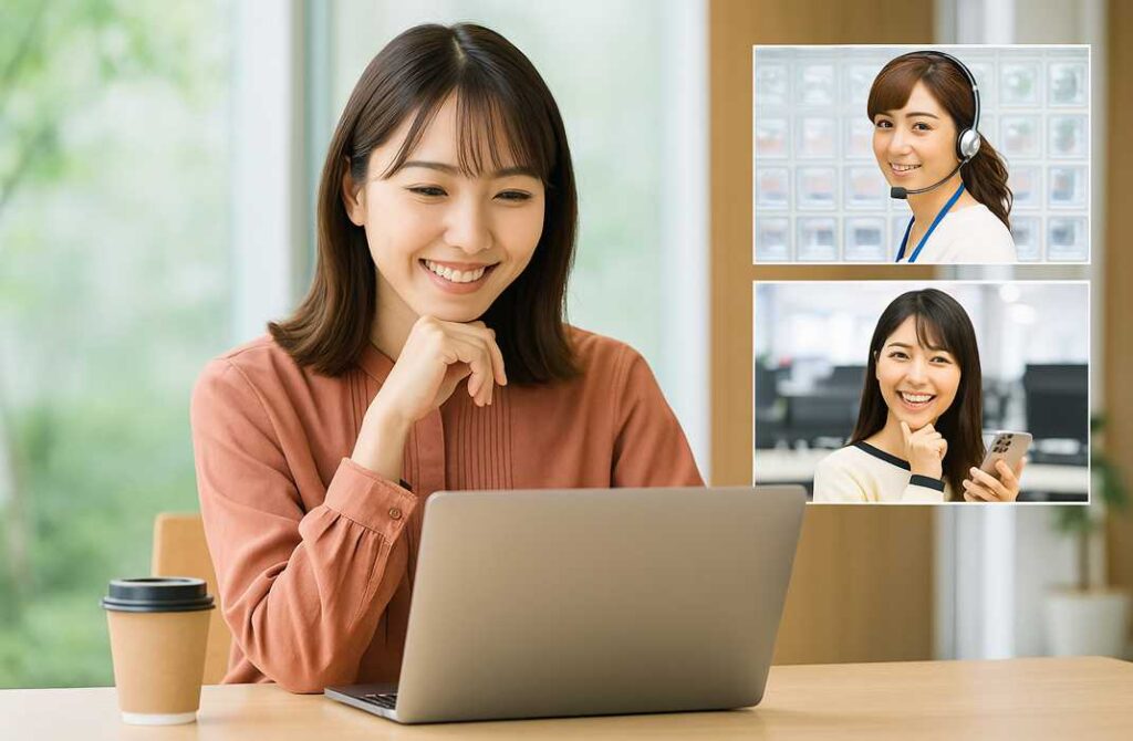パソコンに向かう女性が英語でオンライン会議を行い、画面上の2人と笑顔でコミュニケーションをとっている様子。