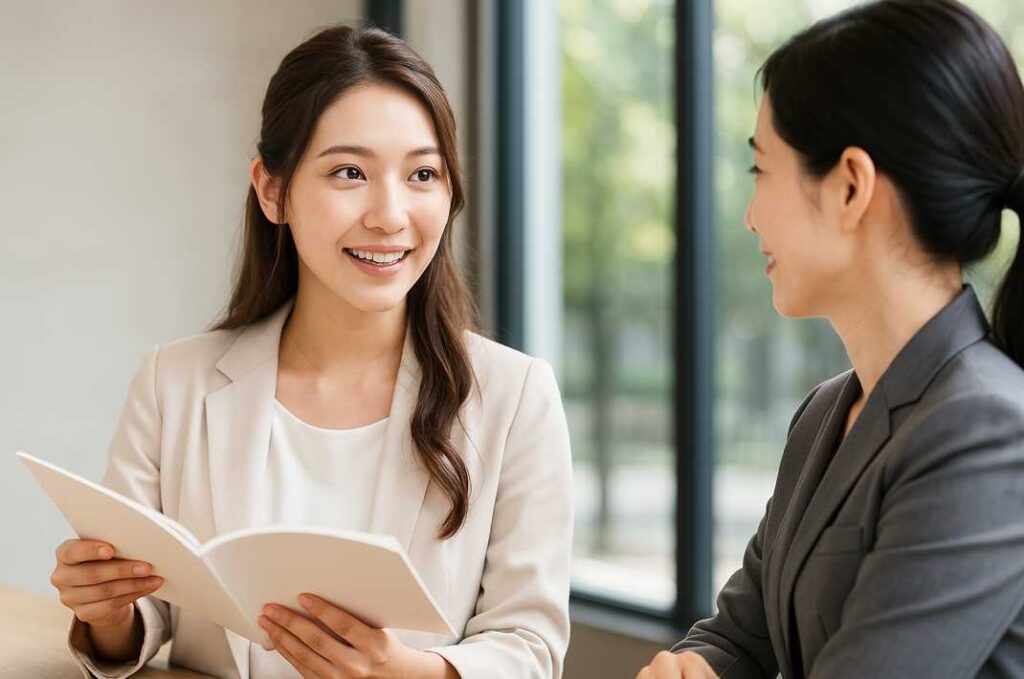 明るいオフィスで、ベージュのスーツを着た若い女性が白いノートを手に持ち、自分のライザップイングリッシュ体験について話している様子。グレーのスーツを着た相手は静かにうなずきながら聞いている。窓の外には緑が映り、穏やかな雰囲気。