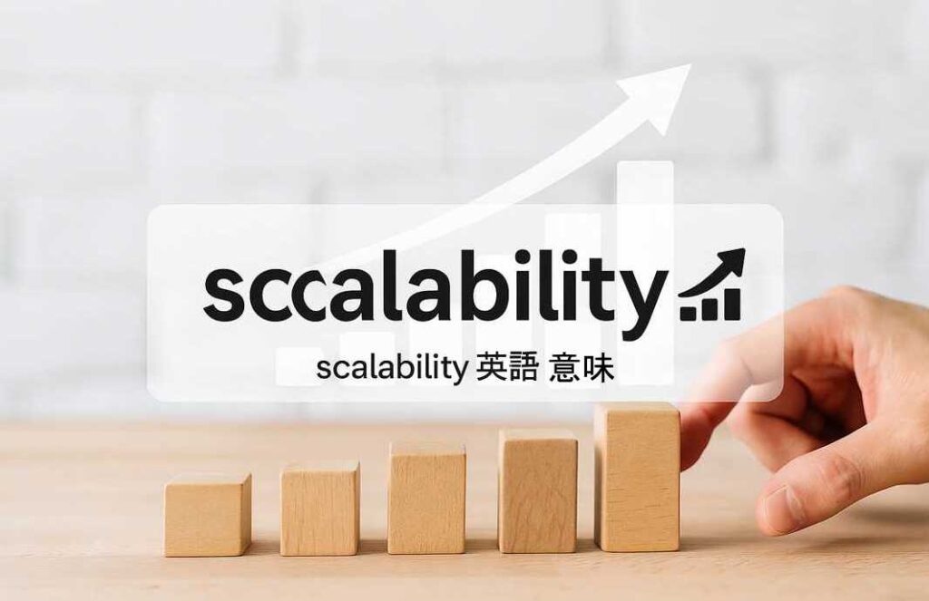 木製ブロックが階段状に並び、右端で手が最後の大きなブロックを置こうとしている。背景には「scalability 英語 意味」の文字と上昇矢印が表示されている。
